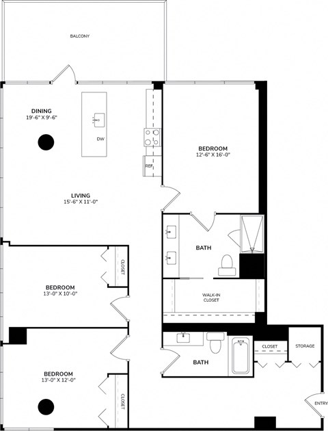 Floor plan for 3 beds, 2 baths, 1600 sqft